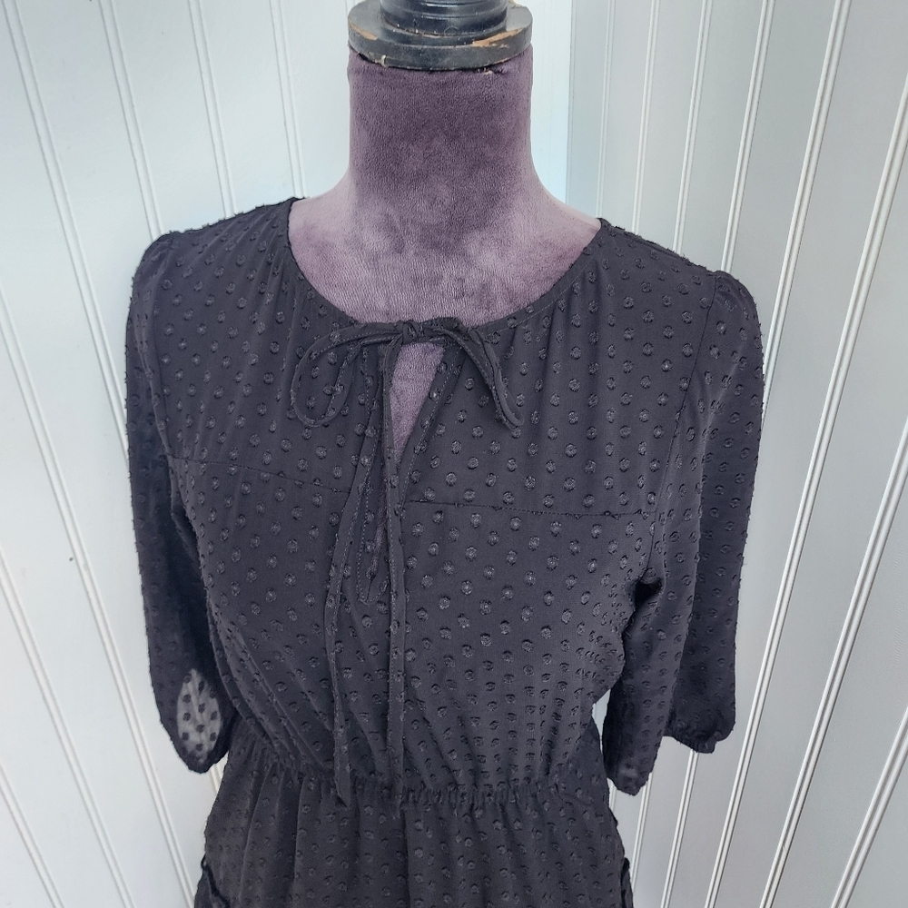 Speechless Women's Black Swiss Dot Tie Neck Mini 3/4 Sleeve Dress Sz S - Picture 11 of 13